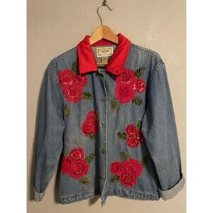 Vintage Tantrums Jacket Womens Medium Petite Denim Floral Sequin Applique FLAW